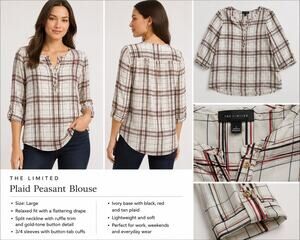 The Limited Women's Plaid Peasant Blouse Large Boho Cottagecore Preppy